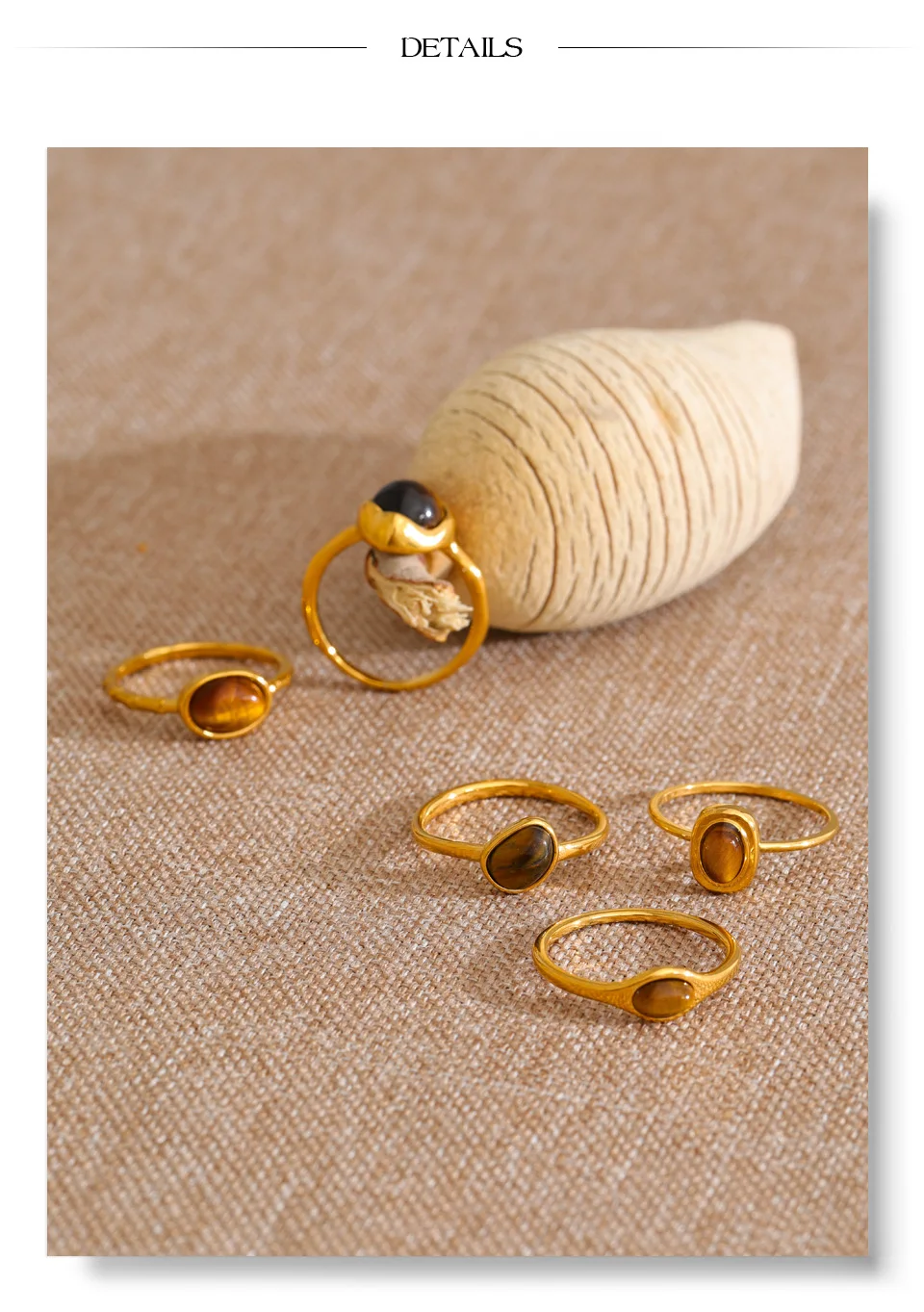 Yhpup Größe 7 Edelstahl-Ring mit natürlichem Tigerauge-Stein, 18K Goldfarben PVD-beschichtet, wasserdicht, dünn, schick, modischer Fingerschmuck – Detail 7