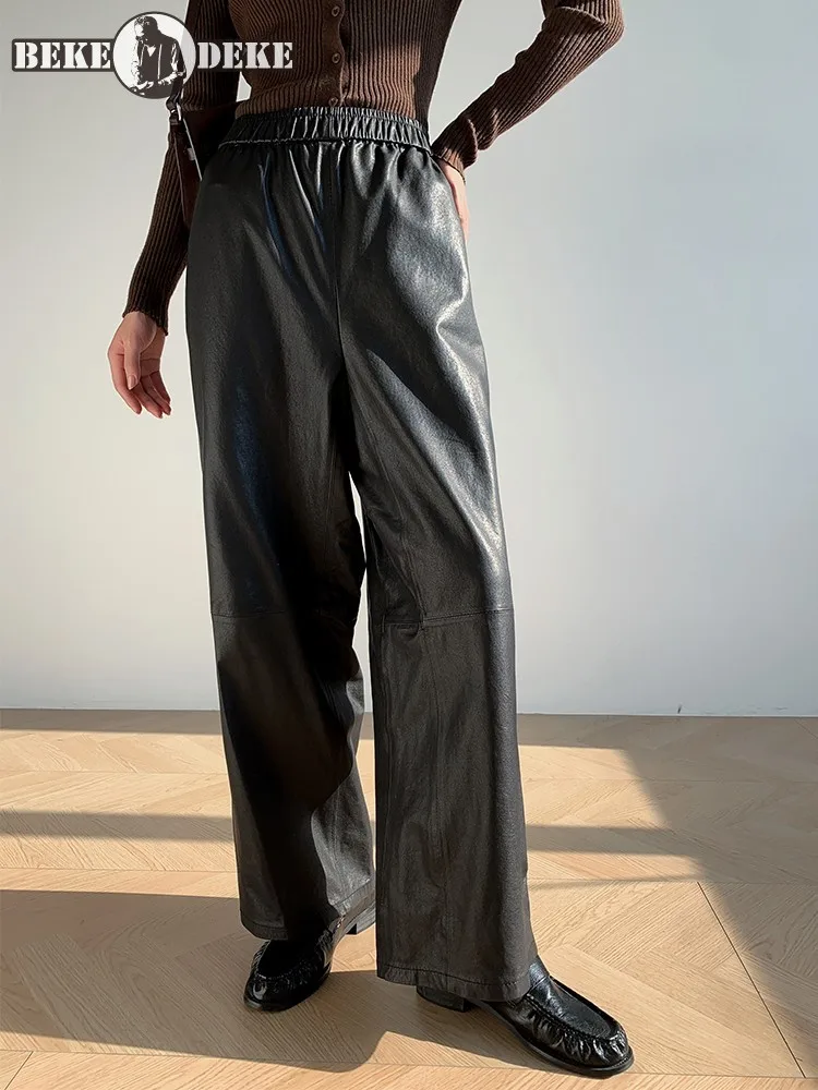 Office Ladies Elastic Waist Wide Legs Solid Color Genuine Leather Pants Loose High Waist Thin Top Quality Sheepskin Trouser