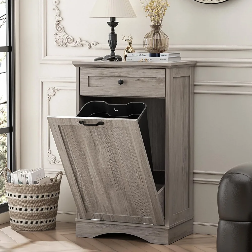 

Trash Cabinet,Tilt Out 13 Gallon Trash Can Cabinets,Wooden FreeStanding Waste Bins Kitchen Cabinet with Hideaway Drawer and Pet