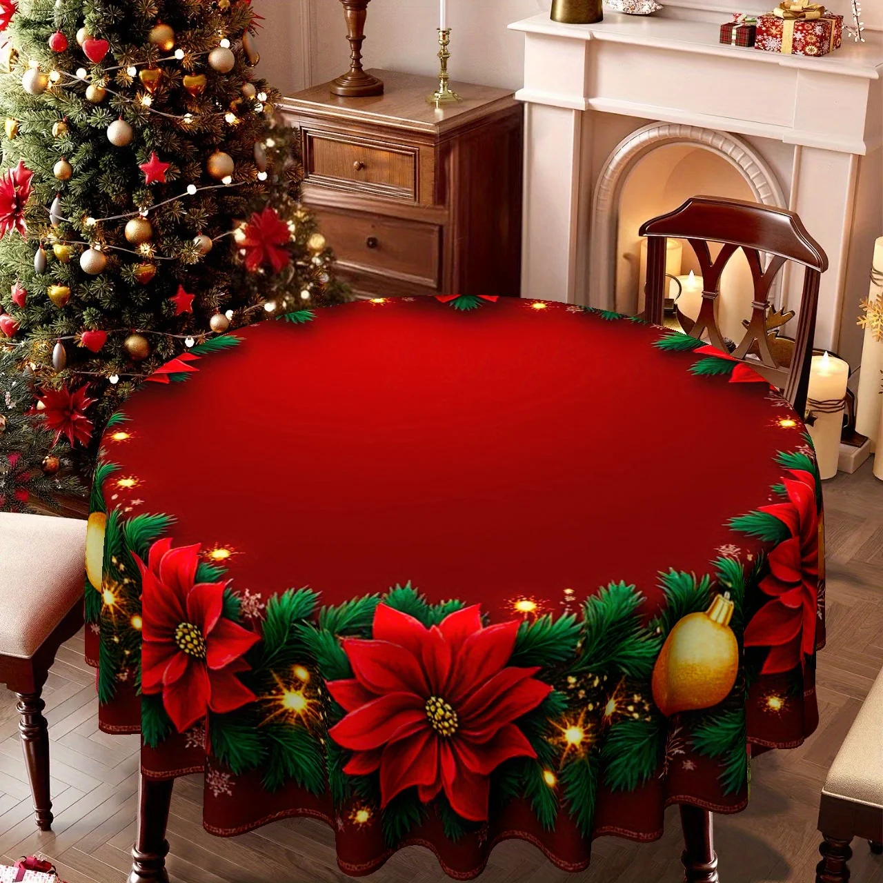 1tablecloth, Christmas theme, festive poinsettia and pine wreath pattern round tablecloth, suitable for holiday table decoration