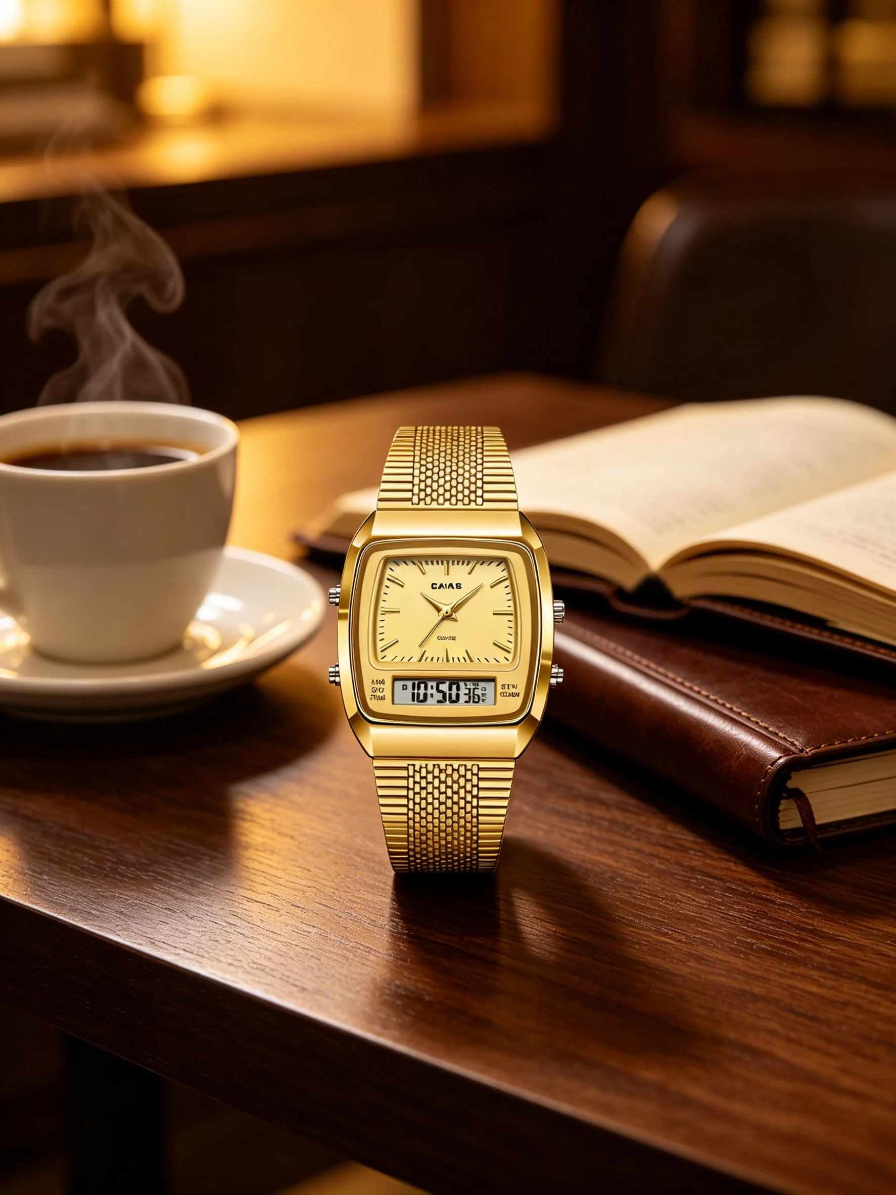 

Retro barrel-shaped square-dial quartz watch with digital dual-time display and a classic square digital watch design