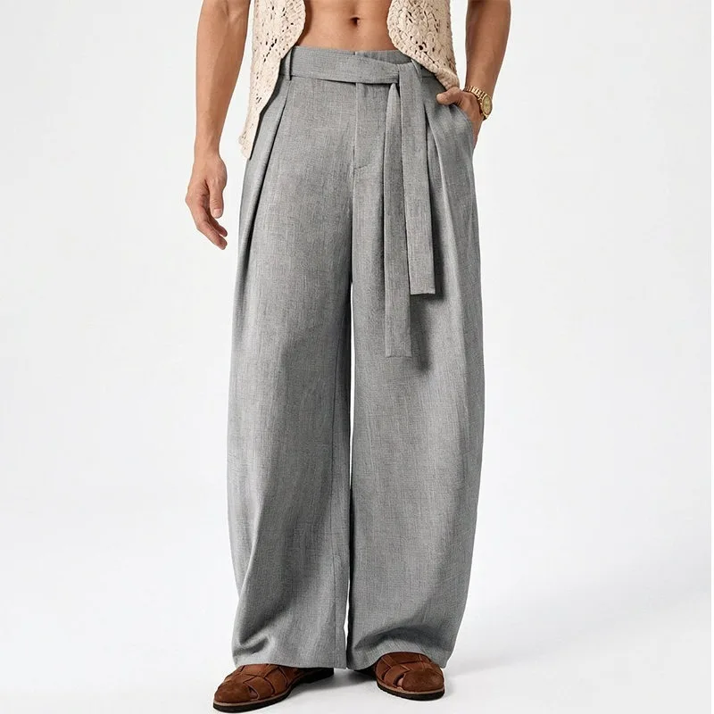 KIDWHXR Herrenhose, locker geschnitten, mittelhoher Bund, atmungsaktiv, Vintage-Plisseehose, gerade geschnitten, mit Kordelzug, Business Casual Herrenhose – Detail 8