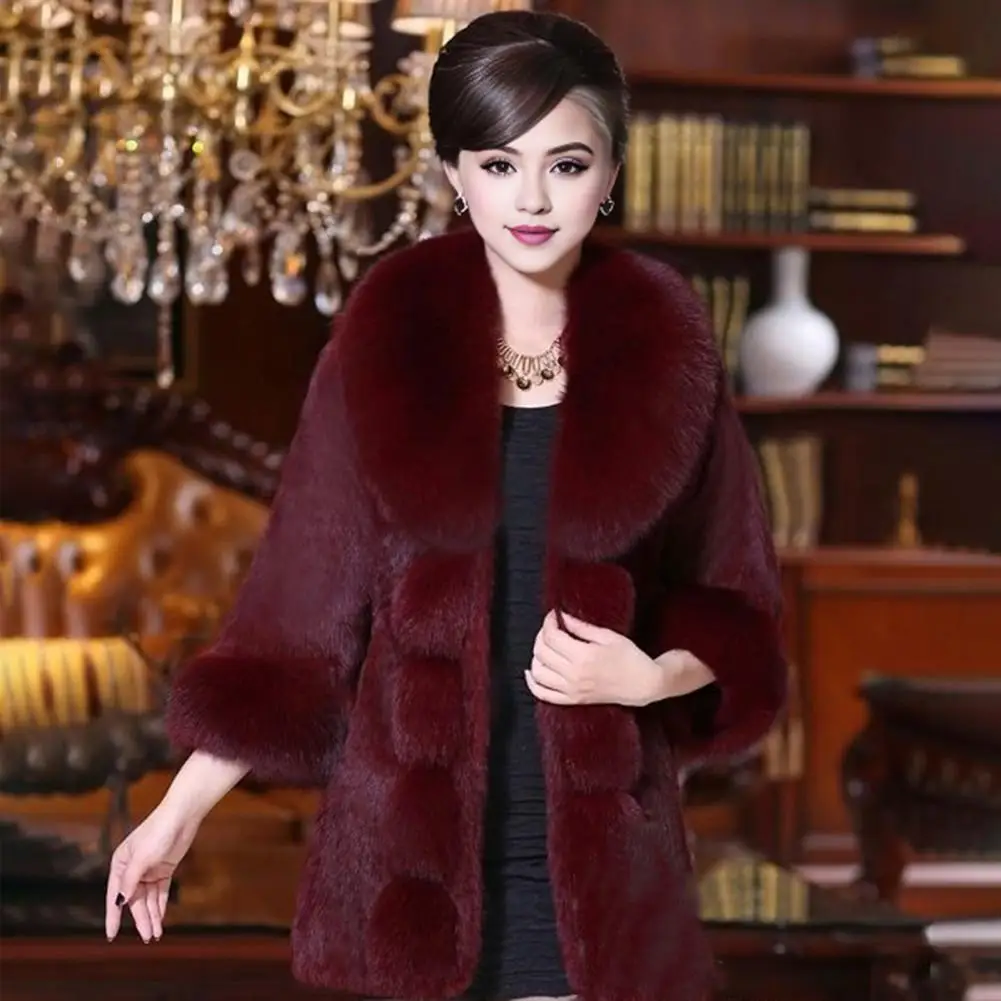 Solid Color Imitation Fur Jacket Elegant Mid-aged Women's Fuzzy Faux Fur Overcoat with V Neck Elastic Waist for Cold-proof