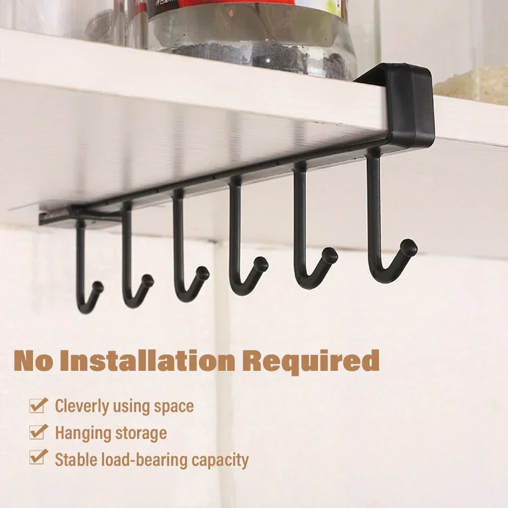 1PC 6 Hook Storage Shelf Wardrobe Cabinet Metal Under Shelves Mug Cup Hanger Bathroom Kitchen Tool Organizer Hanging Rack Holder