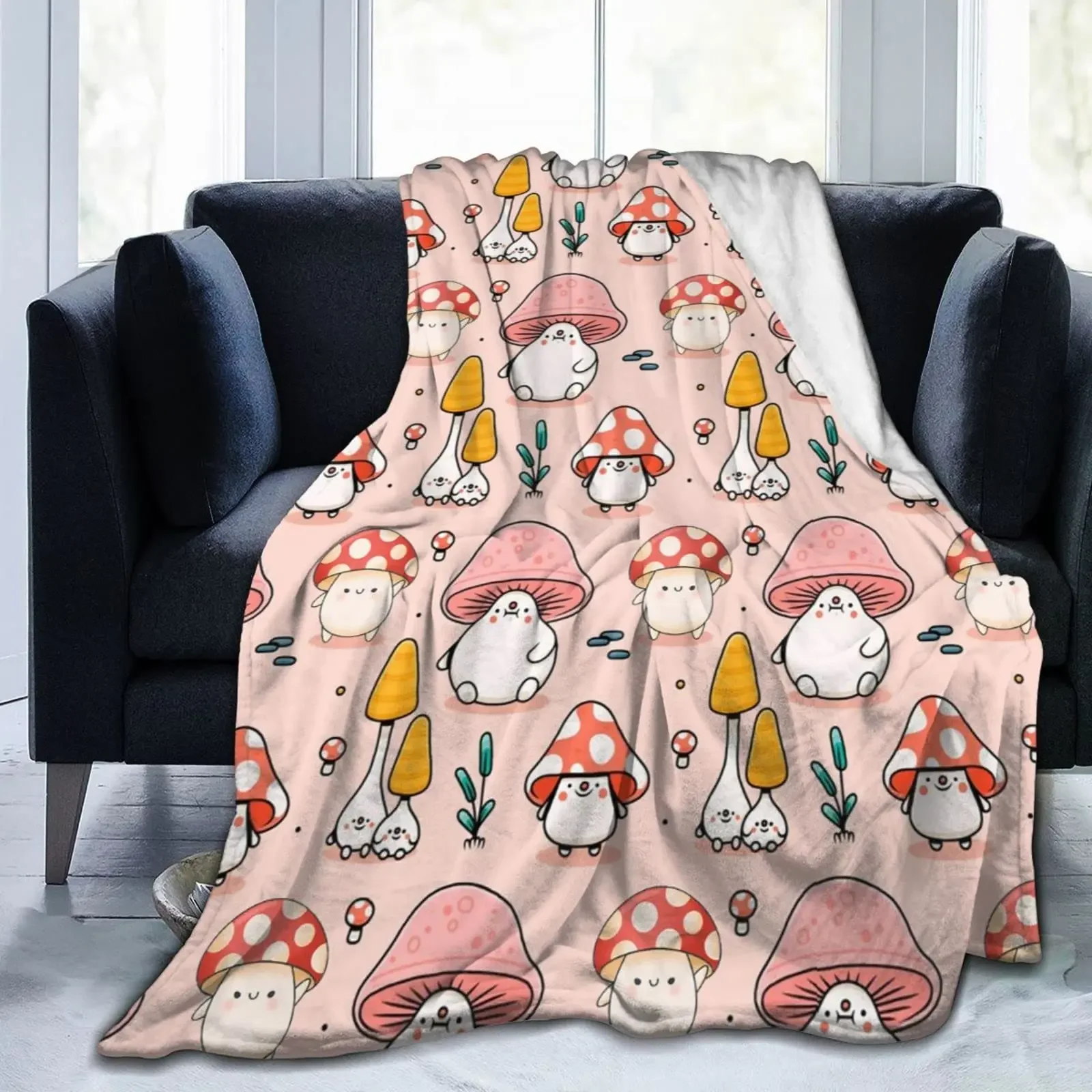 Pink Mushroom Blanket Lovely Cartoon Fungus Flannel Throw Blankets for Kids Girls Wild Plant Soft Sofa Blanket King Queen Size