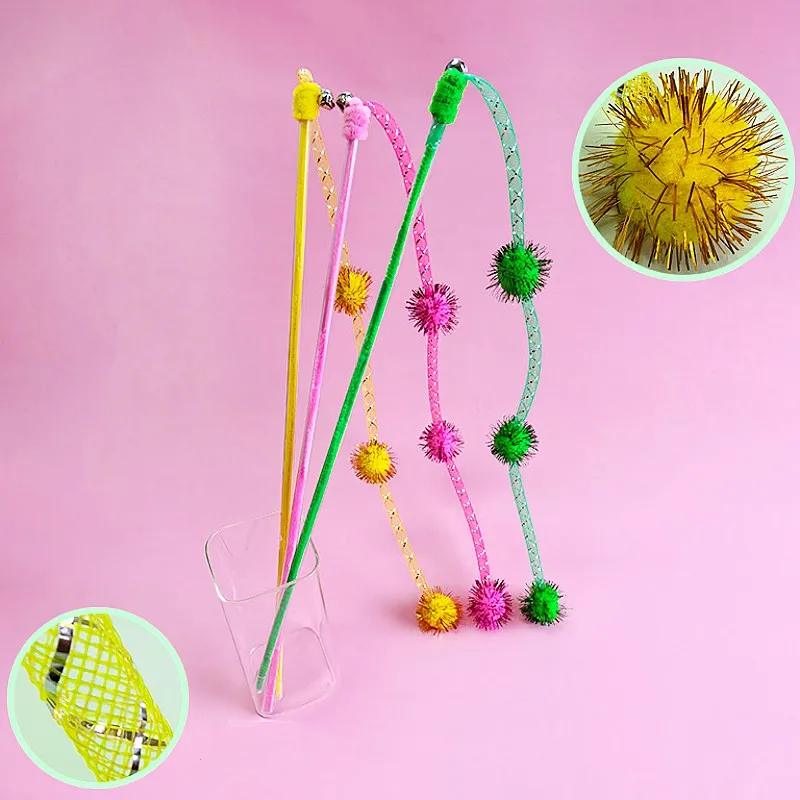 

Cat Toy Wool Ball Cats Sticks Cat Toys Interactive Elastic Stick Toys for Cats Teasing Colorful Ball Tassel Toy Kitten Teaser
