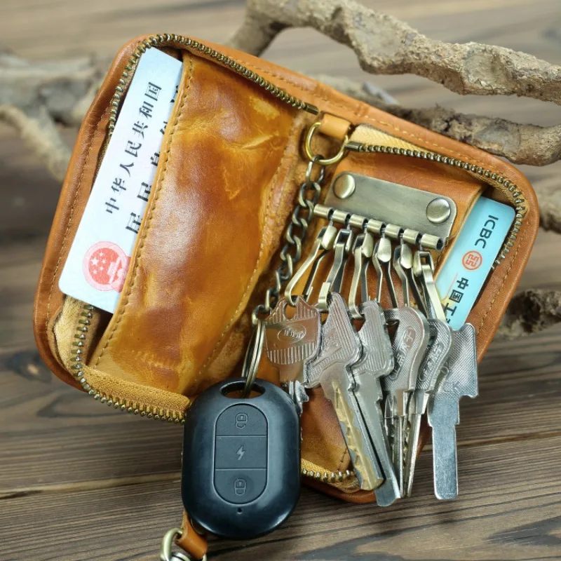 

Genuine Cowhide Leather Key Organizer Holder Wallet KeyChain Unisex Key Bag Housekeeper Pouch Zipper Car Keys Case Men Women