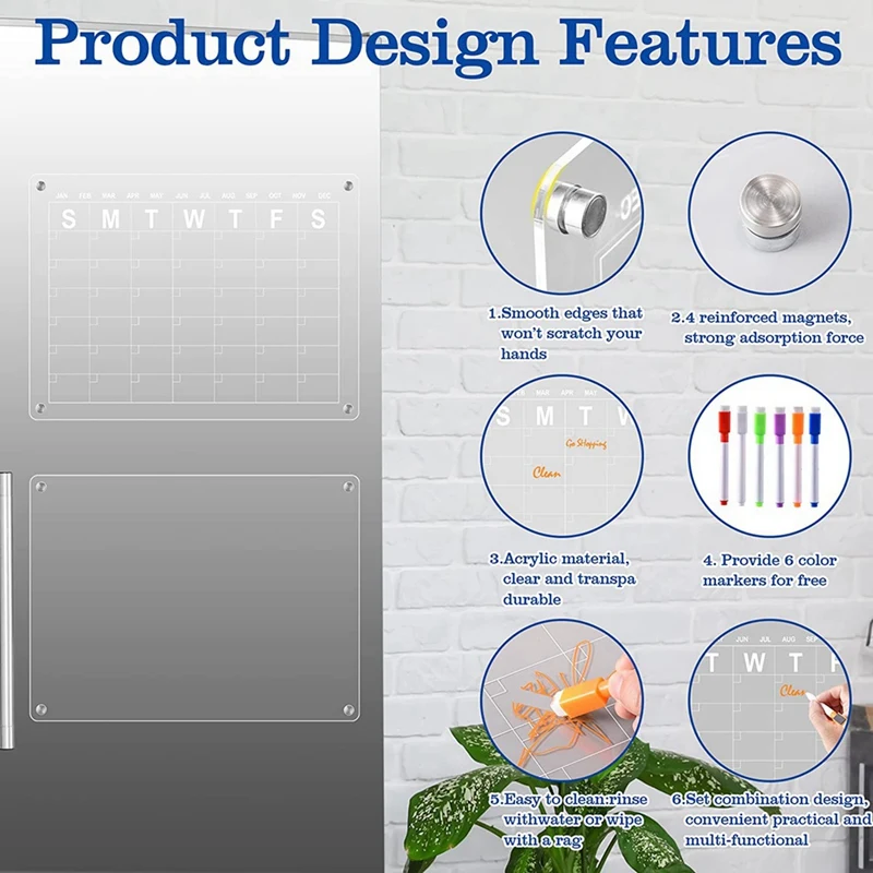 2 stuks acryl magnetische kalender voor droog uitwisbare bordkalender, met 8 droog uitwisbare markers