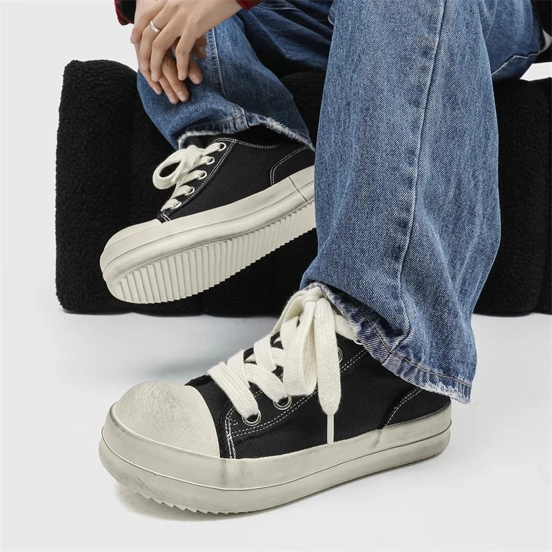 2026 Men Distressed Canvas Thick Bottom Sneakers Lace Up Casual Low Top Skate Shoes Lightweight Comfy Flat Street Footwear