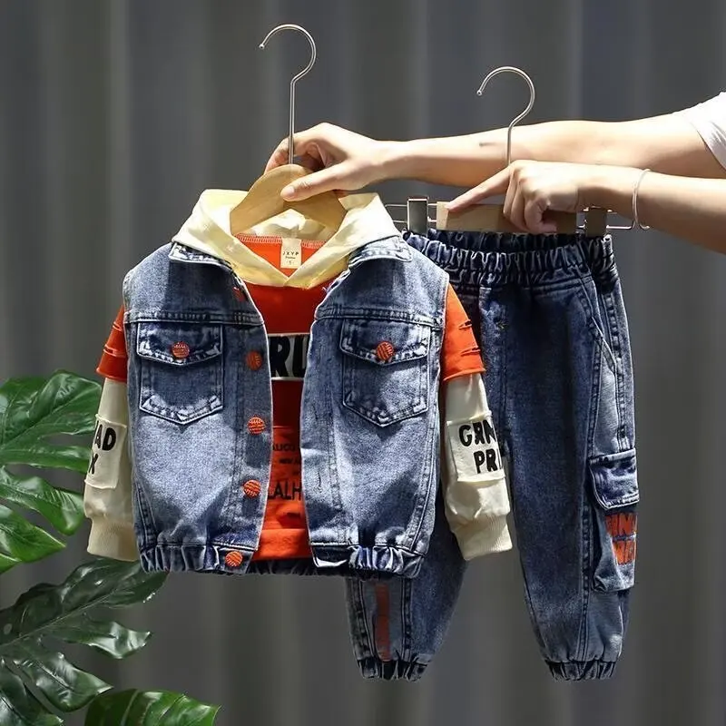 Casual Spring Autumn Baby Boys Girls Outfits Suit Children Denim Vest, Hoodie, Jeans 3Pcs Boys Sets Children Sets 1-7Y