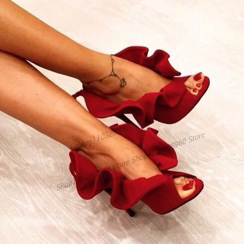 

Red Suede Stringy Selvedge Decor Pumps Shallow Stilettos High Heel Women Shoes Slip-On Peep Toe 2023 Fashion Zapatos Para Mujere