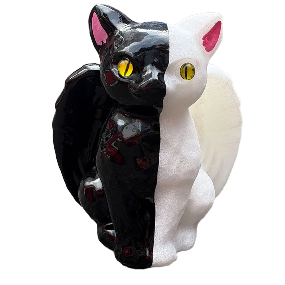 Custom Natural White Jade Cat Figurine, Hand-Painted Black Accent - 7cm Handcrafted Gemstone Two-Tone Winged Cat Statue