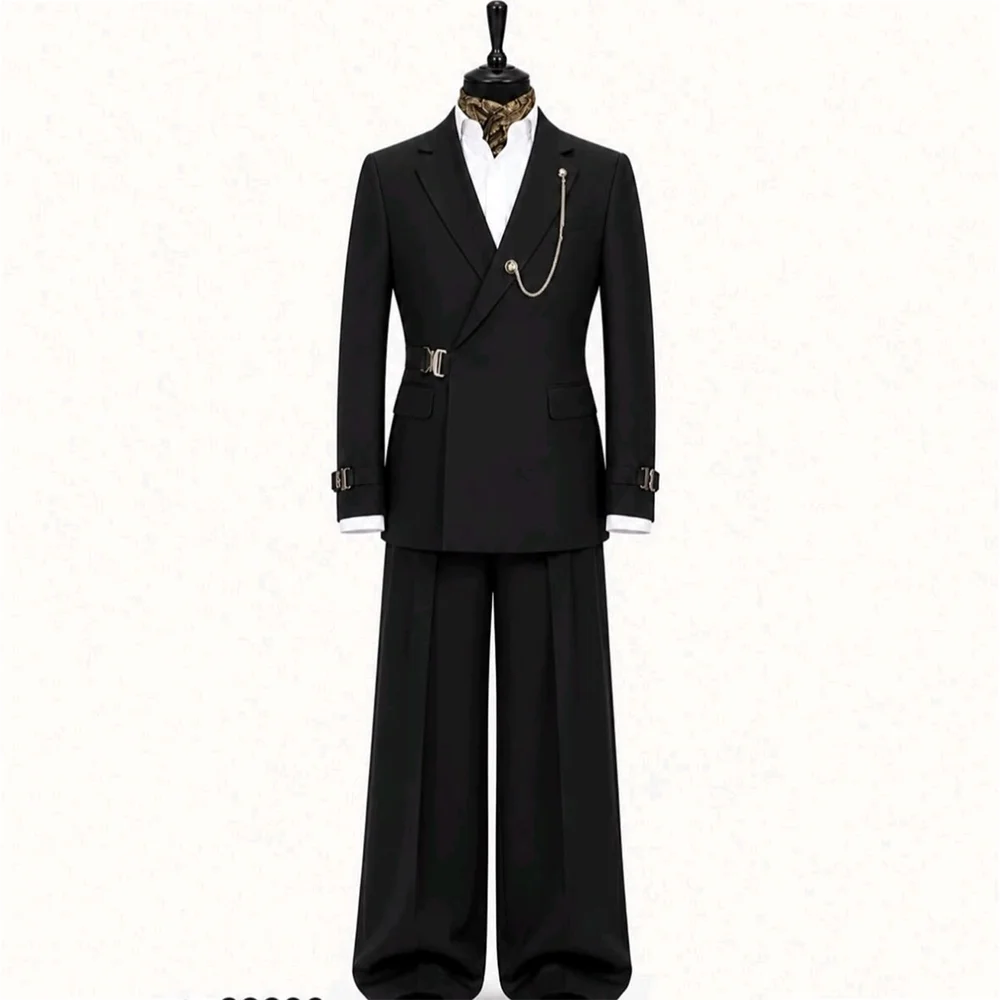 Formal Black Men Suit For Wedding Groom Decor Buckle Slim Nocth Lapel Blazer Set Gentleman Business Party Luxury Suit 2 Pieces