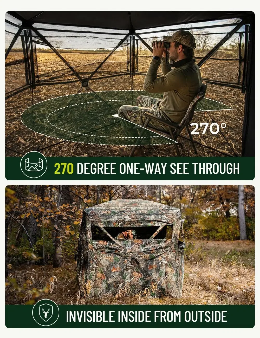 Hunting Blind with 270° See-Through Mesh, Noise-Free Sliding Windows, 3 Sizes for 1-4 Hunters, Pop-Up Design, Durable Fiberglass Poles