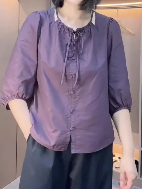 

Elegant Purple Seven-Quarter Sleeve Shirt Women's plus Size Design Sense Belted Slimming Top for Summer Commute Korean Style