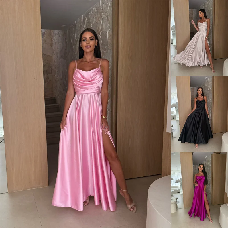 

S-XXL Women's Fashion Thin Shoulder Strap Long Dress Ladies Casual Solid Color Comfortable Split Strap Party Dress