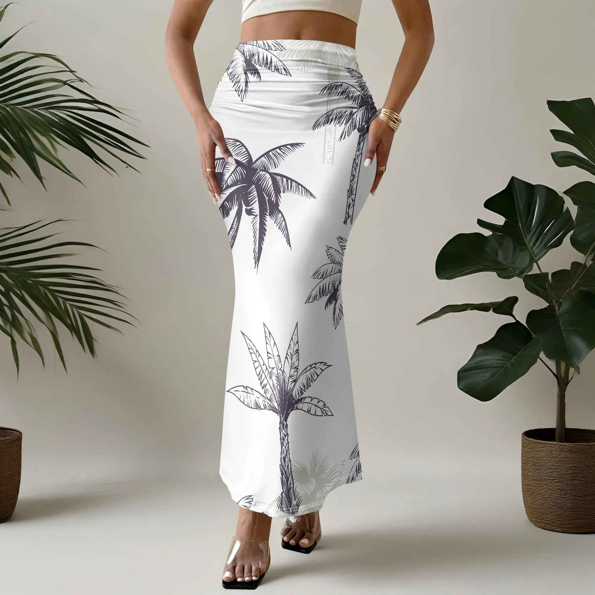Palm Tree Print Mermaid Skirt, Tropical Leaf Pattern Maxi Dress Bottom, Beach Vacation Wear, S-2XL