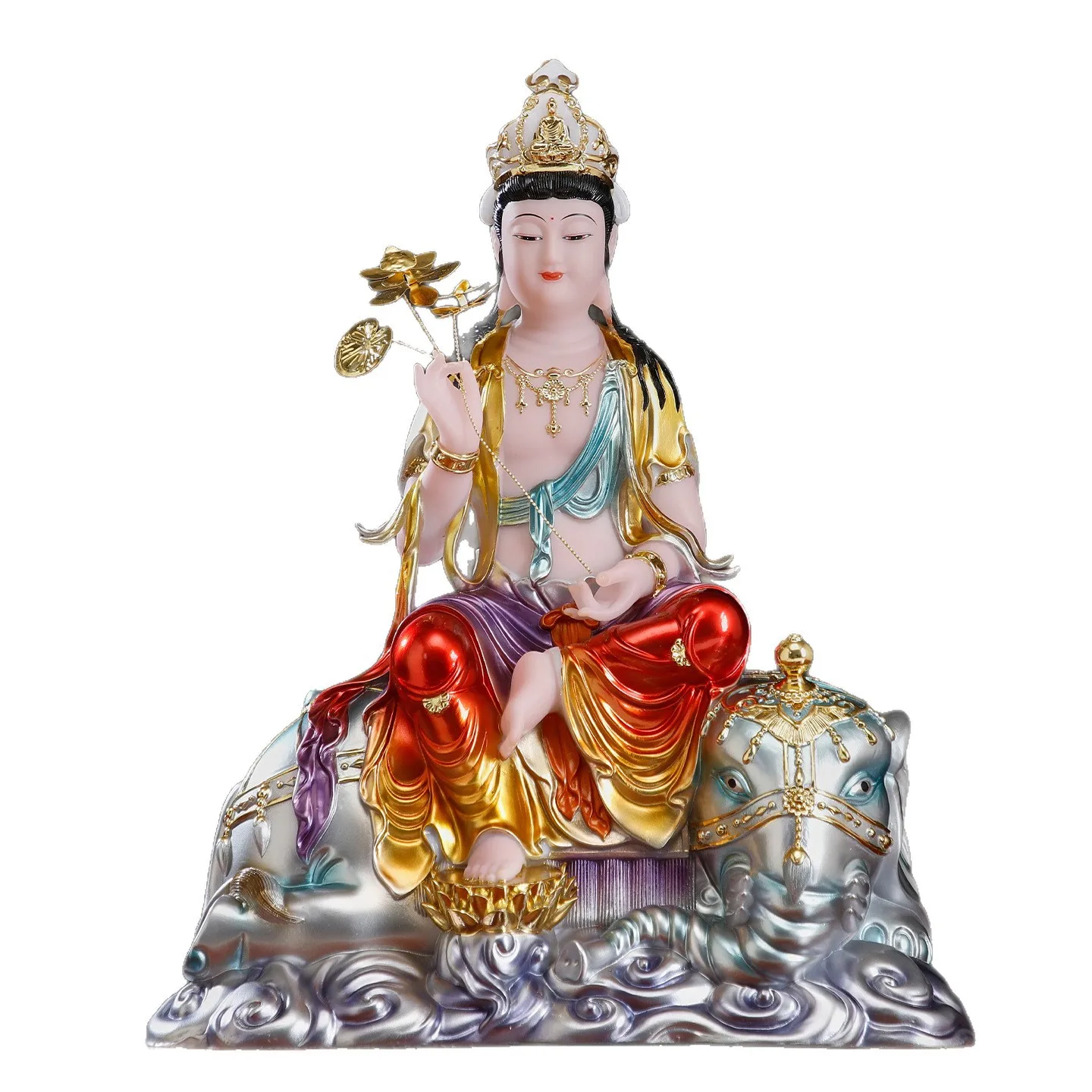

ZML Manjushri Puxian Bodhisattva statue ornament, Huayan Sansheng Buddha statue, Buddhist , home painted copper color decoration