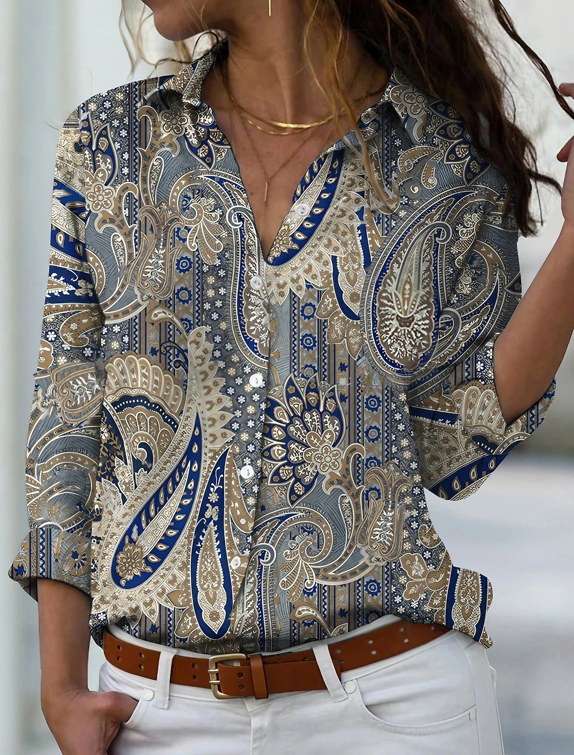 Fashion Loose Plaid Women's Shirt 2024 Elegant Lapel Long-Sleeved Splicing Printed Shirt Retro Oversized Single-Breasted Blouse