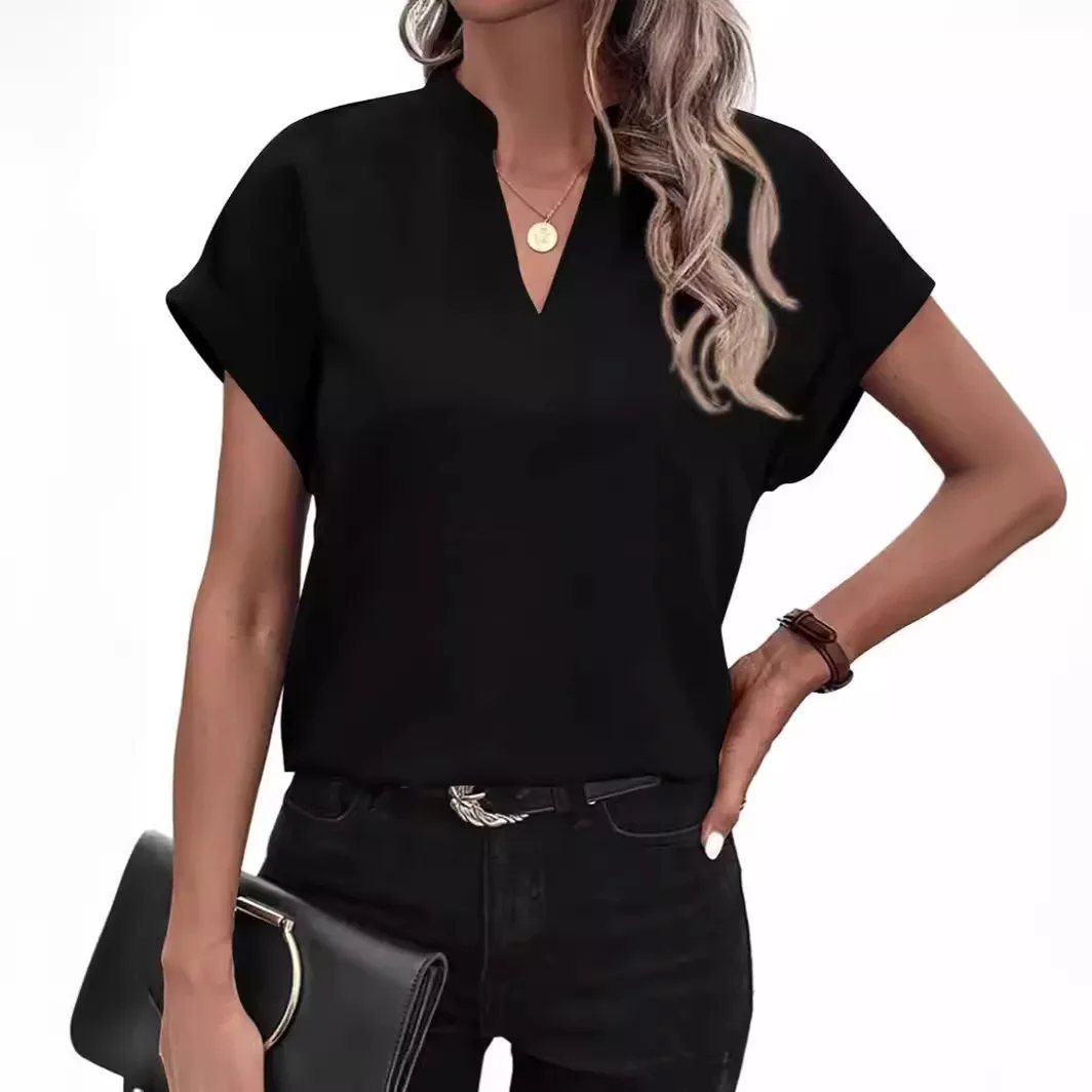Elegant Short Sleeve Loose Pink Tops Women 2024 Fashion V Neck Casual Loose Solid Blouses Ladies Summer Shirts Y2k Top Female