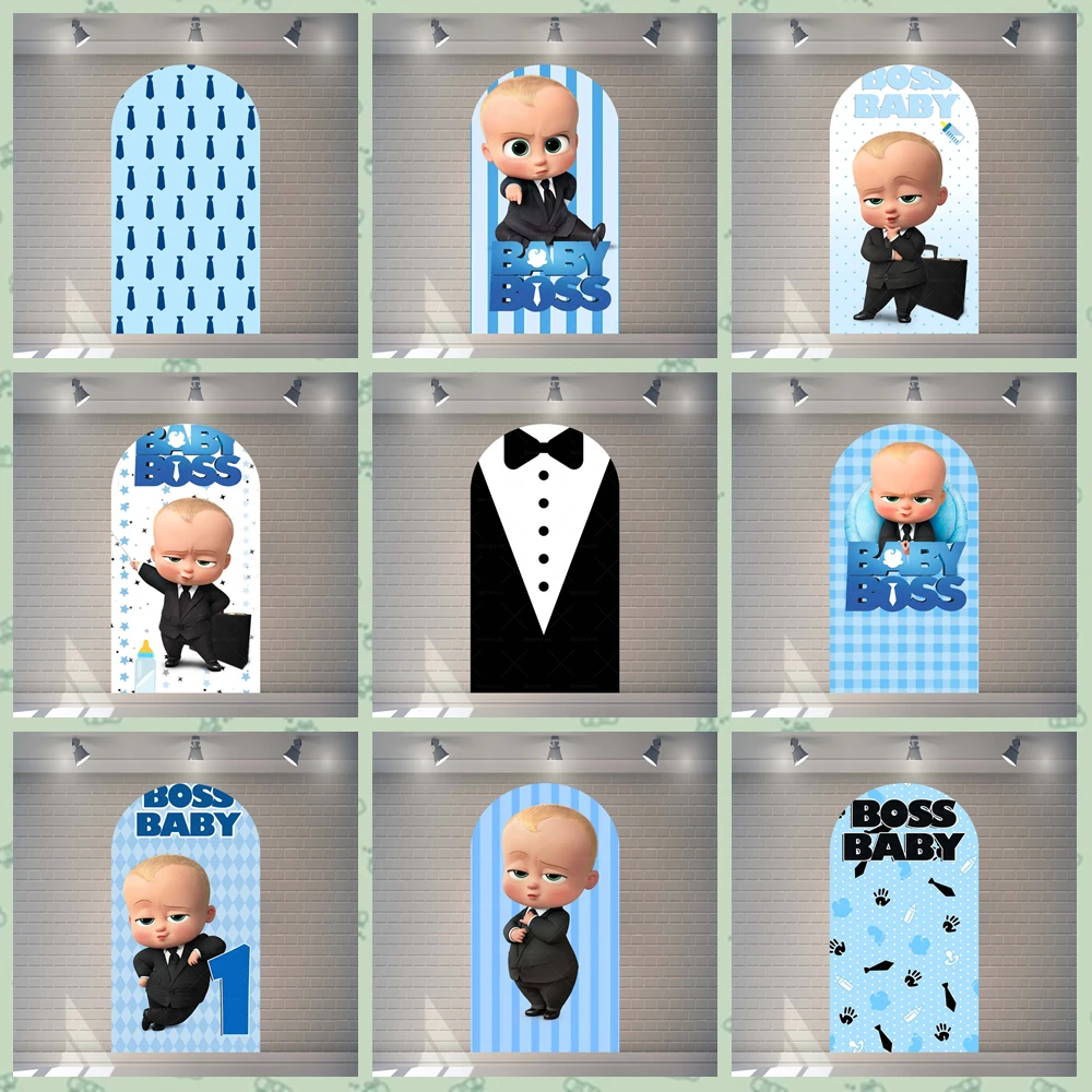 ボスベイビー パーティーデコレーション アーチ背景カバー ブラック蝶ネクタイ ブルー 男の子 誕生日 新生児 1歳 ベビーシャワー 撮影用