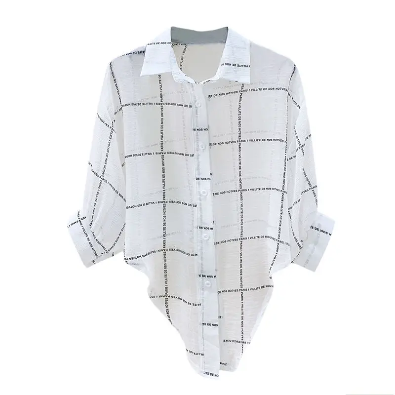 Fashion Printed Letter Plaid Bandage Batwing Sleeve Shirt Women\'s Clothing 2023 Summer New Casual Tops Asymmetrical Blouse