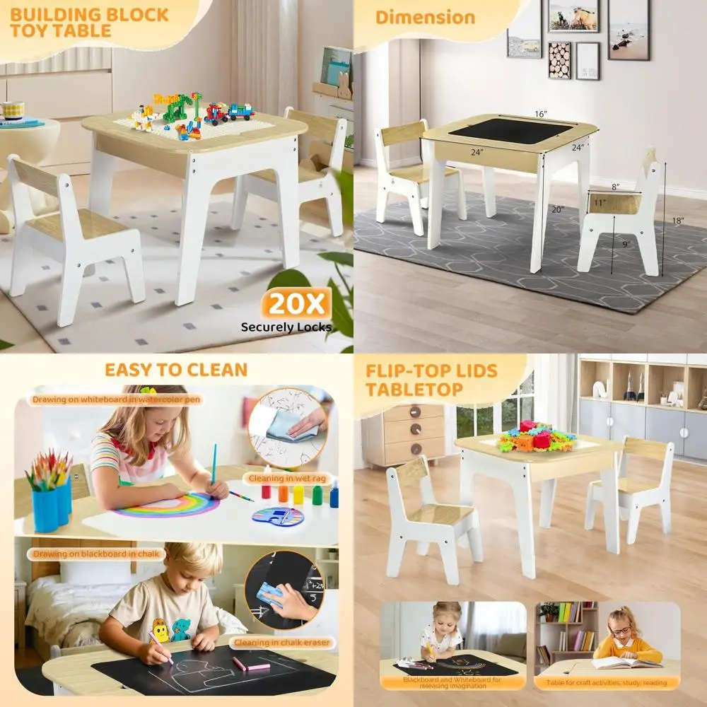 

All-in-One Wooden Toddler Table and Chair Set with Storage, Multi-Functional Board, and Natural Play Features