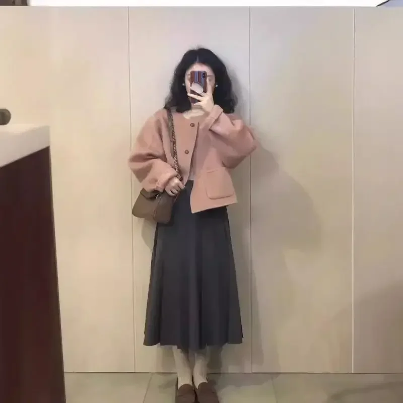 Pink loose short woolen coat women's clothing autumn and winter Korean small temperament small fragrant woolen coat tide