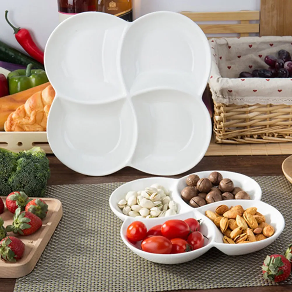 

Ceramic Food Plate 4-Compartment Serving Tray Practical Snack Salad Candy Dish for Office School Canteen