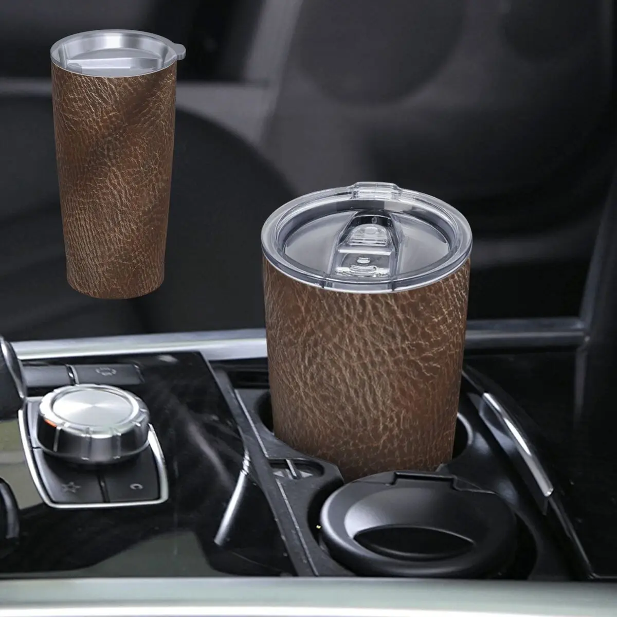 Dark Brown Leather Effect Material Stainless Steel Tumbler Vacuum Insulated Mugs Thermal Cold Cup Straw With Lid 20oz