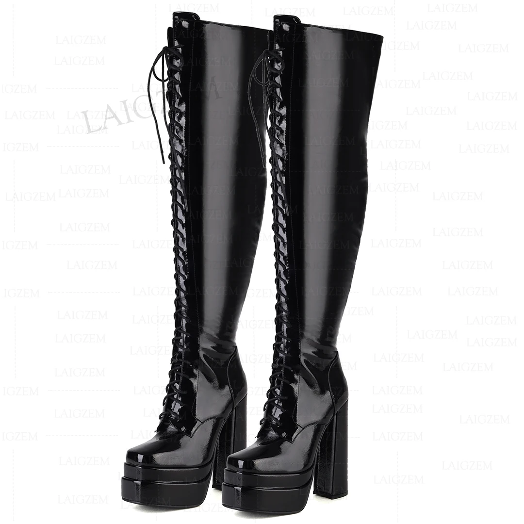 LAIGZEM Women Over Knee Boots Platform Side Zip Up Block High Heels Tall Boots Cosplay Ladies Shoes Woman Big Size 33 38 40 43