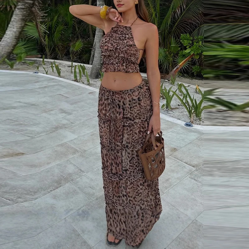 

Leopard Print Chiffon Beach Suit Fashion Women's Halter Top with Long Skirt Suit New 2025 Hollowed Out Sleeveless Holiday Outfit