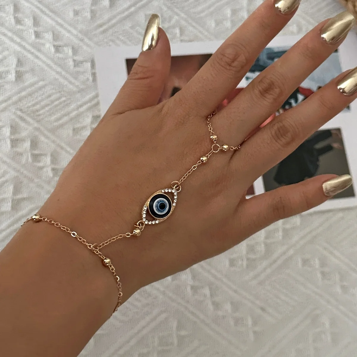 Classic Lucky Turkish Evil Blue Eye Rhinestone Knuckle Ring Bracelets For Women Men Geometric Flower Finger Chain Bangle Jewelry