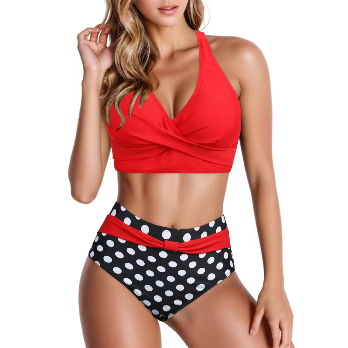 Bikini de lunares de cintura alta para mujer, traje de baño Sexy con realce, conjunto de Bikini rojo, ropa de playa, traje de baño para piscina 2024