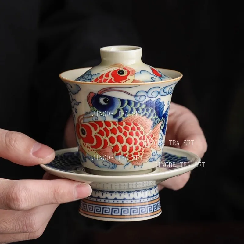 Dragon Fish Triple Talisman Covered Bowl Home-use Chinese Tea Pitcher Single-piece Non-burning Tea Set with Lid Kung Fu