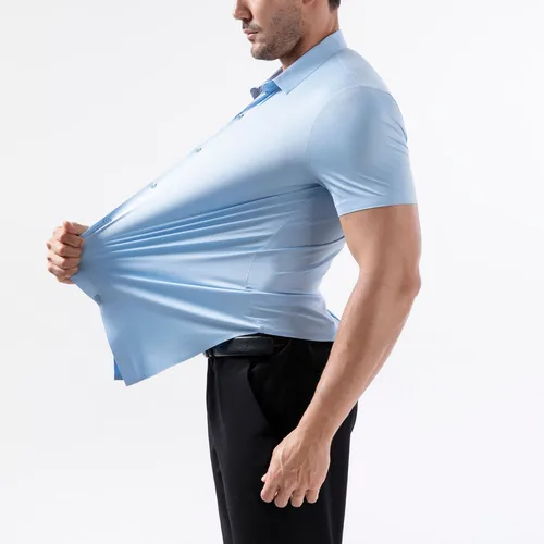 Imagen 1 del producto Camisas clásicas de verano para hombres, manga corta, informales, elásticas, fáciles de cuidar, sin arrugas, suaves, formales, de negocios, sociales, blancas, talla EE. UU. UE