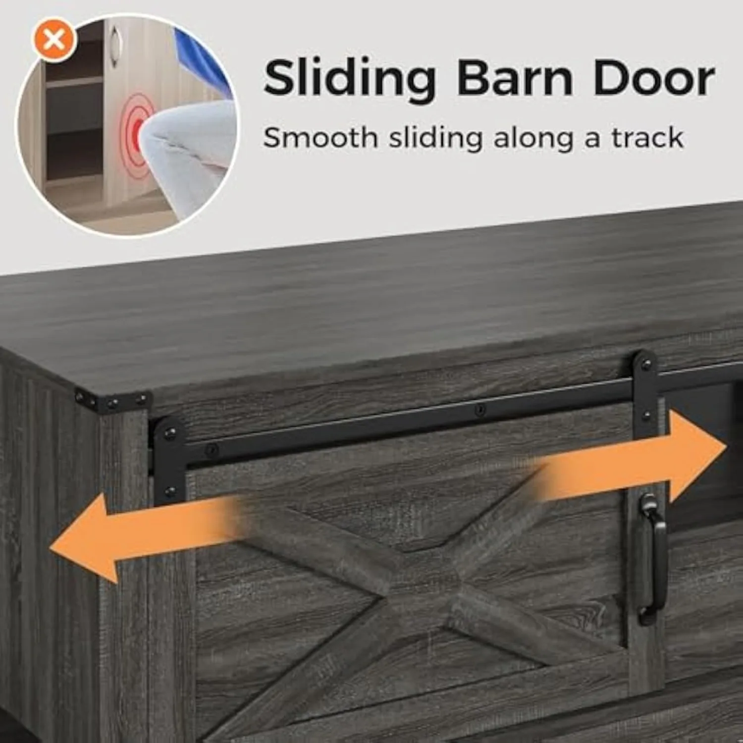 RoyalCraft Farmhouse Coffee Table with Storage and Sliding Barn Door, 48'' Rustic Living Room Table with Open Shelves