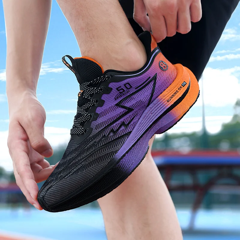 Men\'s Shoes Carbon Plate Cushioning Road Running Shoes Fashionable Printed Lace Up Tennis Shoes Non-slip Breathable Sports Shoes