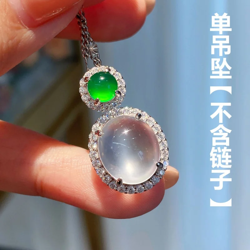 Natural Ice Transparent Gray Agate Green Chalcedony Oval Full Diamond Pendant for Women Vintage Elegant Earrings Two-Pie view 6