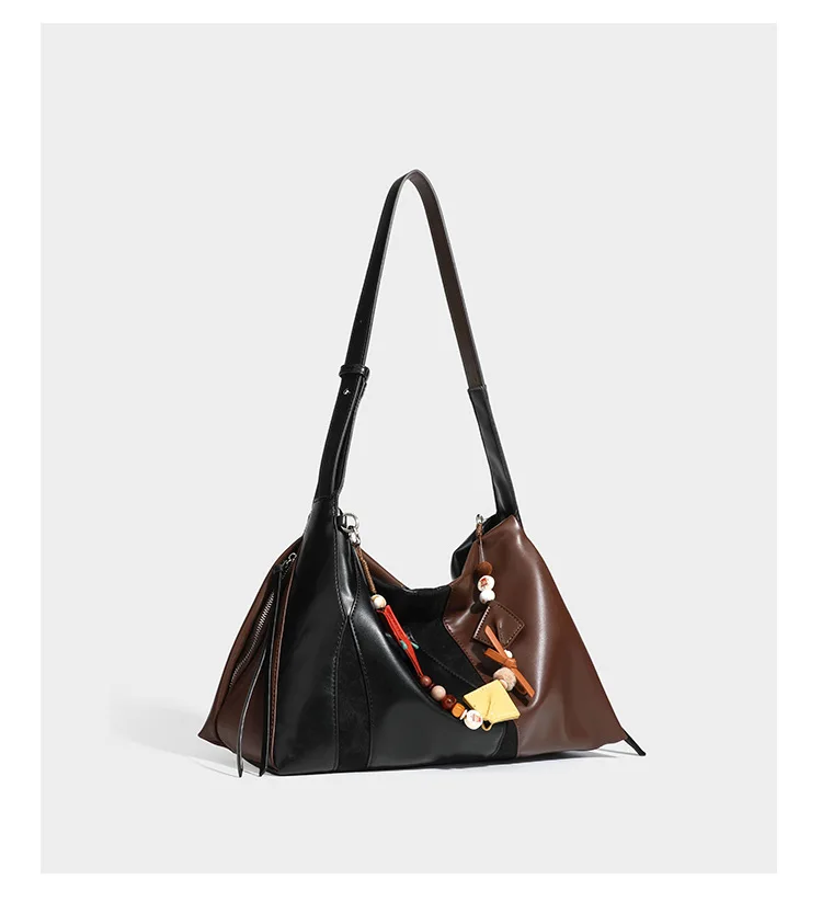 Retro Geometric Patchwork Large-Capacity Shoulder Bag, Color-Blocking Shimmering Matte Commuter Tote Bag with Ethnic-Style Pendant