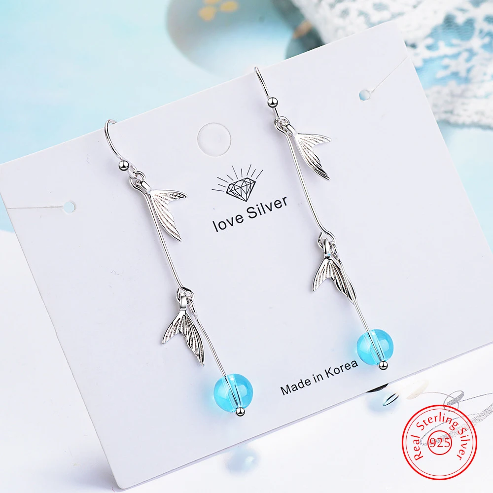 

Real 925 Sterling Silver Blue Opal Fashion Fish Tail New Jewelry Quality Drop Earrings For Woman FQL25096