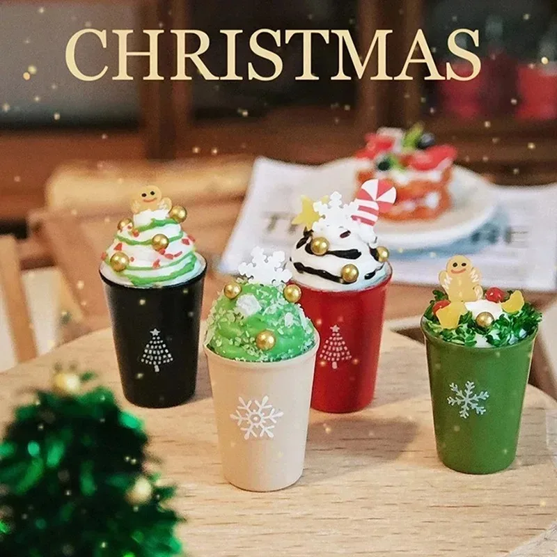 1/12 Dollhouse Christmas Coffee Shop Decor Mini Holiday Coffee Cups Tabletop Shooting Props