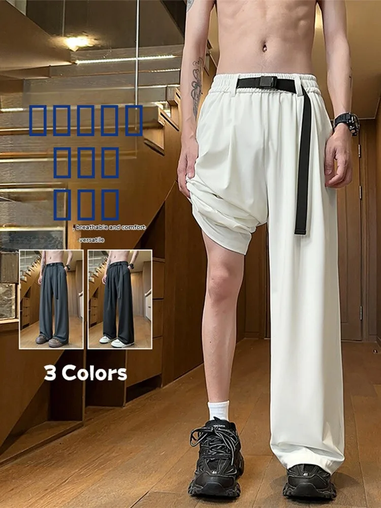 

Ice Silk Drapey Casual Pants Men's Summer Thin Cool Breathable Design Belt Smooth Loose Wide Leg Pants Polyester Fiber