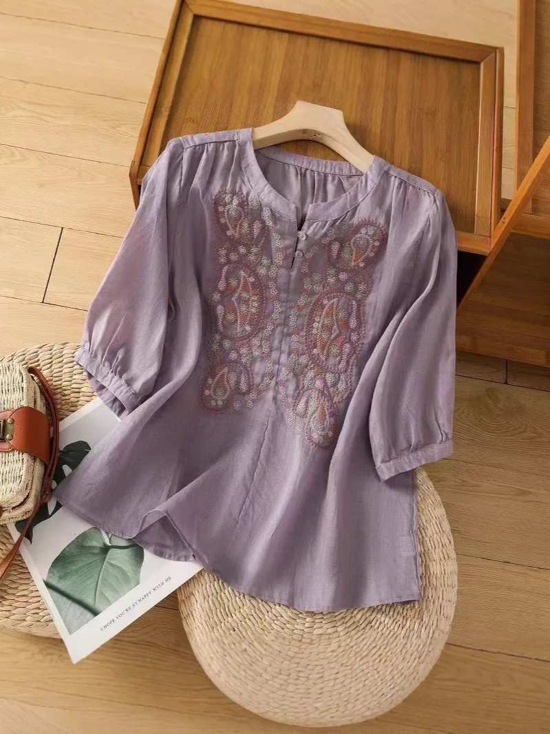 

Handcrafted Blouse Exquisitely Hand Embroidered Blouse Traditional Mandarin Closure Blouse Comfortable Elbow Length Shirt