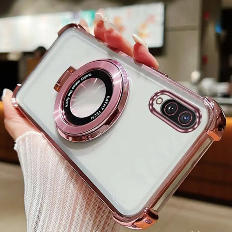 Hollow Portable Round Transparent Luxury Ring Phone Holder Case On For Samsung Galaxy A02 Girl Woman Used Anti-knock Stand Cover
