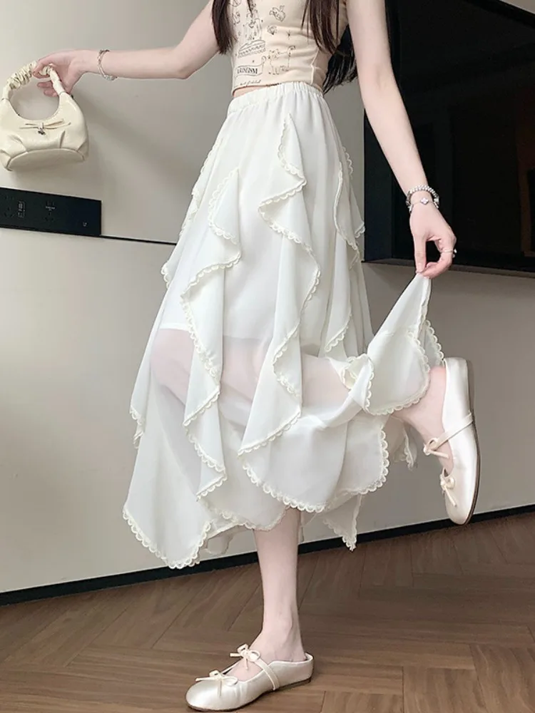 

Lace Trim A-Line Skirt Women Summer High Waist Soft Comfortable Korean Style City Commute Casual No Split Skirts