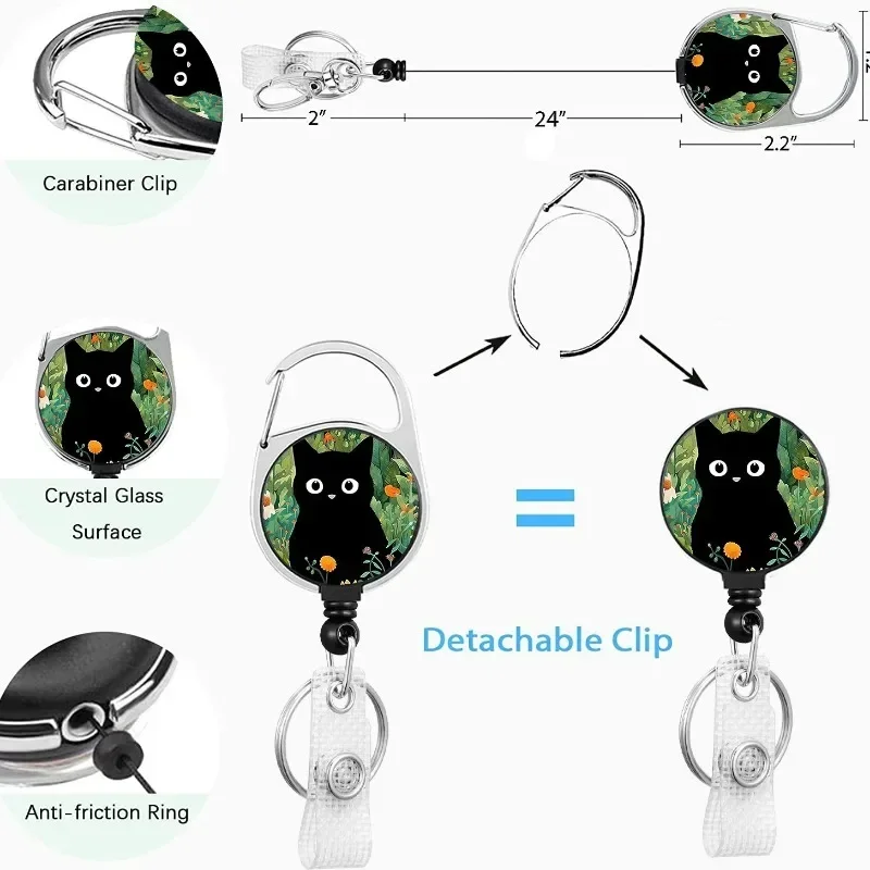 Aesthetic Cat Floral Card Holder with Badge Retractable Reel Lanyard Set for Women Cute Black Cat Pull Buckle Card Cover Case