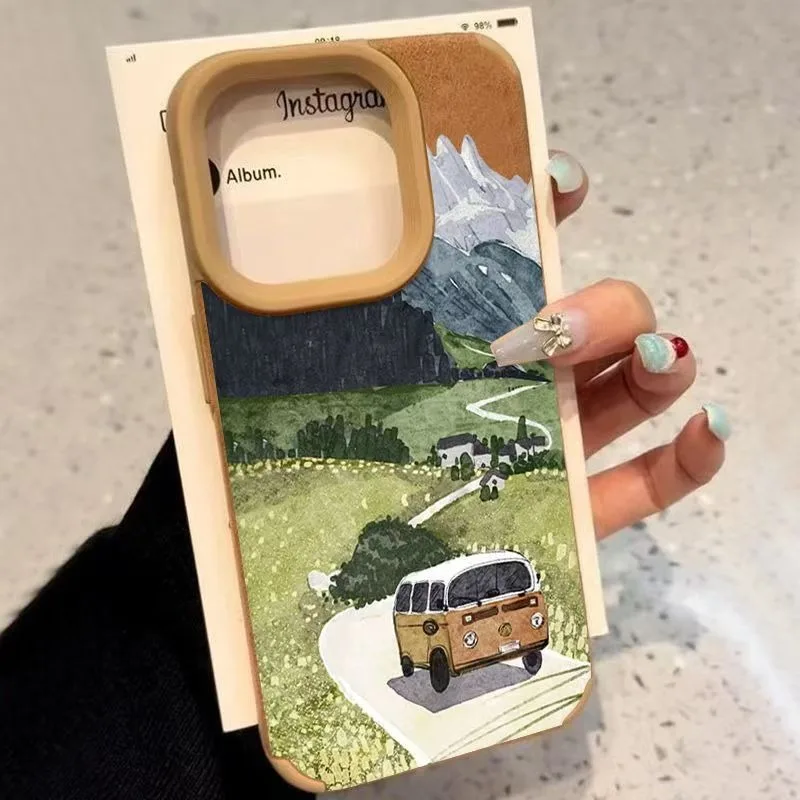

Drive Travel Landscape Bonded Leather Phone Case For iPhone 11 12 13 14 15 16 Pro Max Plus XS X XR Shockproof Bumper Back Cover