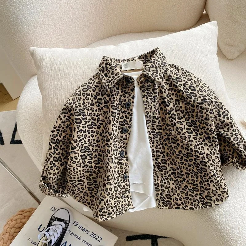 

Рубашка с длинными рукавами для маленьких мальчиков от 1 до 6 лет, хлопковая рубашка с леопардовым принтом, куртка с воротником, модная повседневная блузка для девочек, верхняя одежда