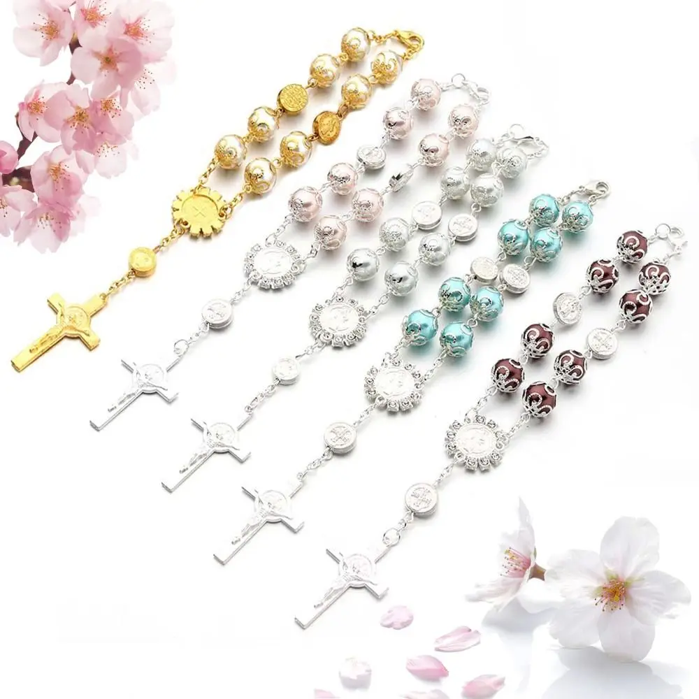 10 MM Bead Saint Christopher Rosary Saint Icons Mirror Car Rosary Catholic Gift Crystal Stone Bead Bracelet Religious Rosary